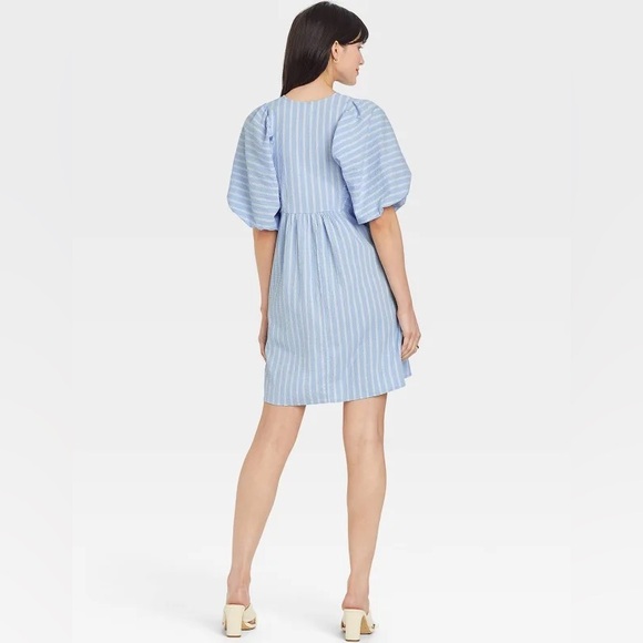 A New Day Puff Short Sleeve Dress - Blue Stripe, Size Medium - Picture 2 of 5